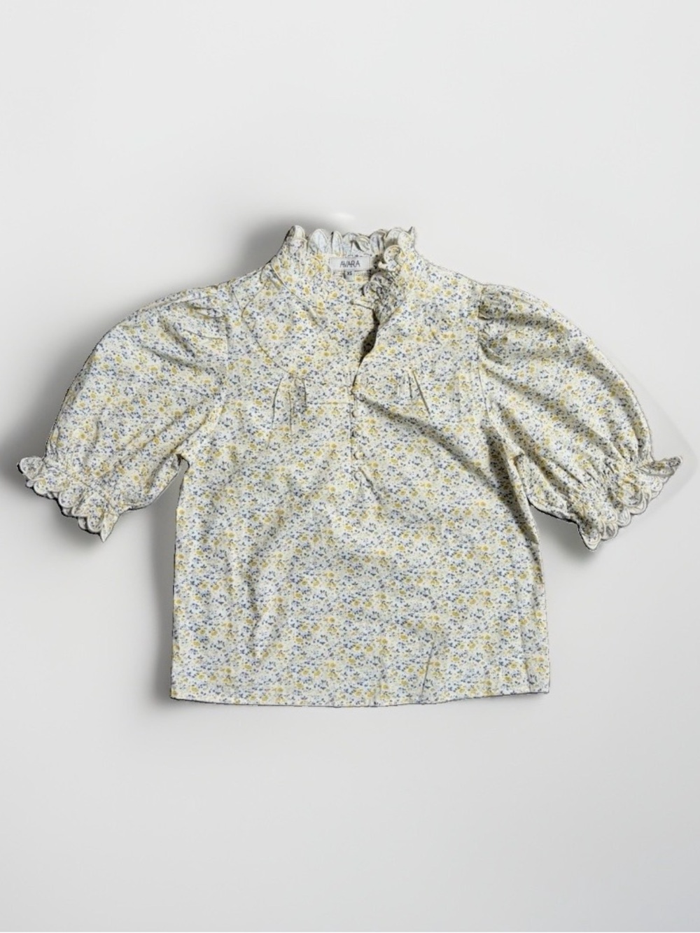 Avara Yellow Blue Floral Scalloped Puff Sleeve Blouse Top Women’s XS Cotton
